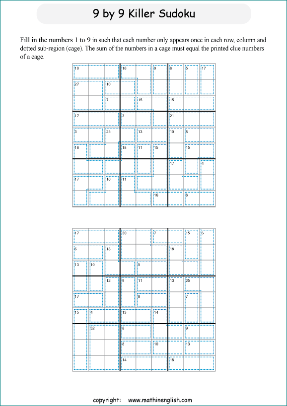 printable 9 by 9 Killer Sudoku math operations puzzle for kids and math students