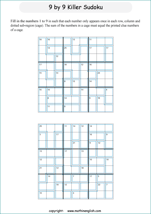 printable 9 by 9 Killer Sudoku math operations puzzle for kids and math students