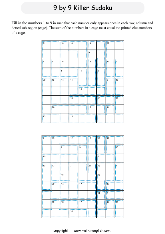 printable 9 by 9 Killer Sudoku math operations puzzle for kids and math students