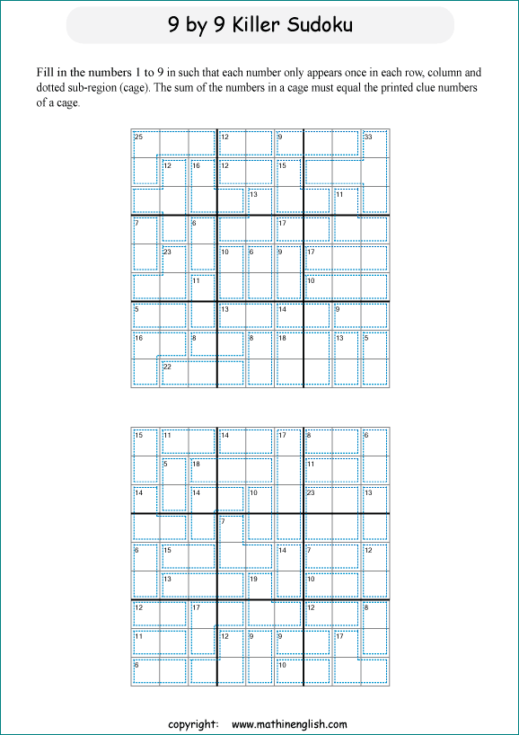 printable 9 by 9 Killer Sudoku math operations puzzle for kids and math students