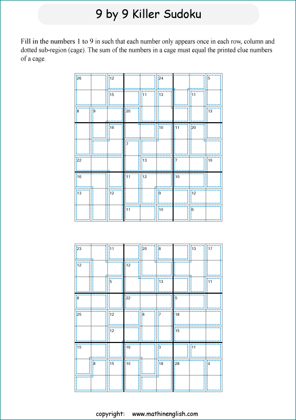 printable 9 by 9 Killer Sudoku math operations puzzle for kids and math students