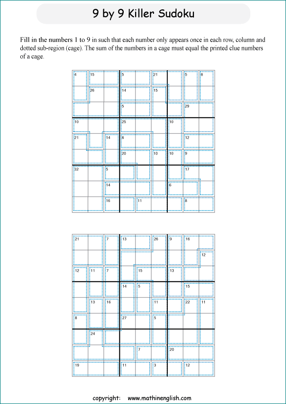 printable 9 by 9 Killer Sudoku math operations puzzle for kids and math students