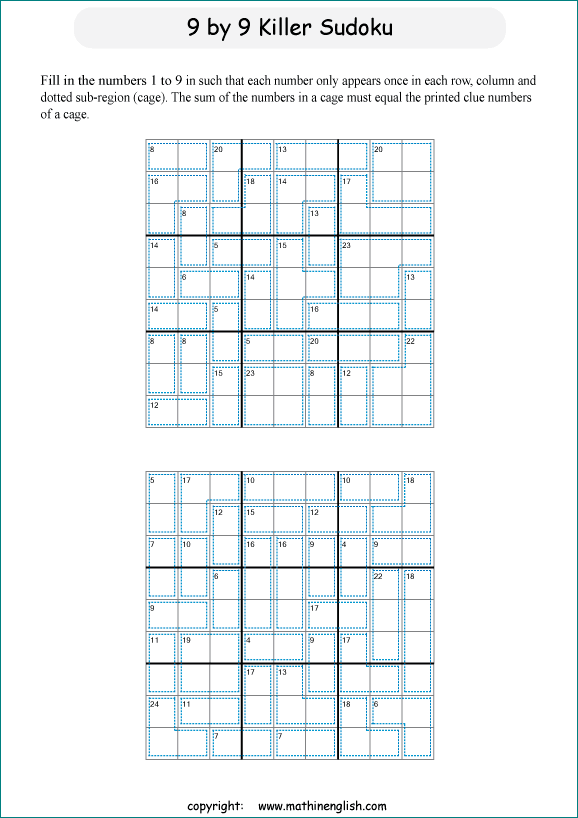 printable 9 by 9 Killer Sudoku math operations puzzle for kids and math students