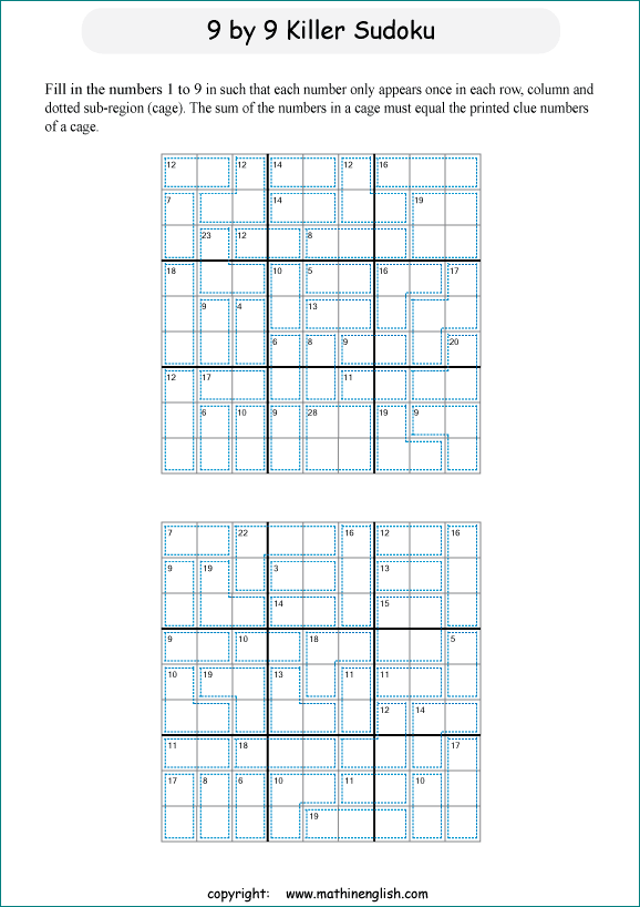 printable 9 by 9 Killer Sudoku math operations puzzle for kids and math students