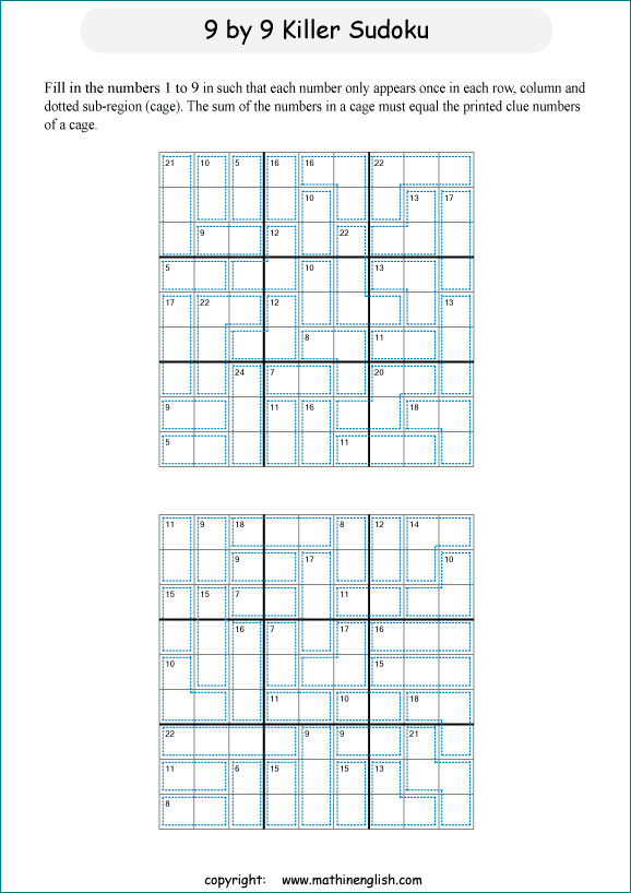 printable 9 by 9 Killer Sudoku math operations puzzle for kids and math students