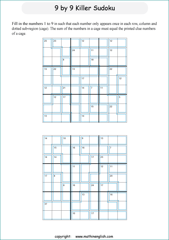 printable 9 by 9 Killer Sudoku math operations puzzle for kids and math students