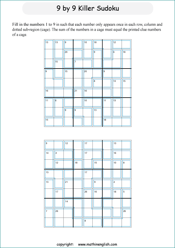 printable 9 by 9 Killer Sudoku math operations puzzle for kids and math students