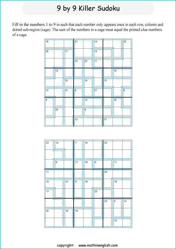 printable 9 by 9 Killer Sudoku math operations puzzle for kids and math students