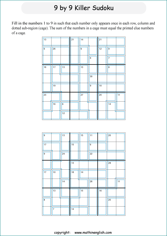 printable 9 by 9 Killer Sudoku math operations puzzle for kids and math students