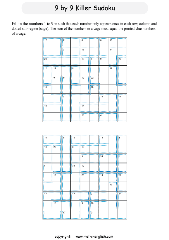 printable 9 by 9 Killer Sudoku math operations puzzle for kids and math students