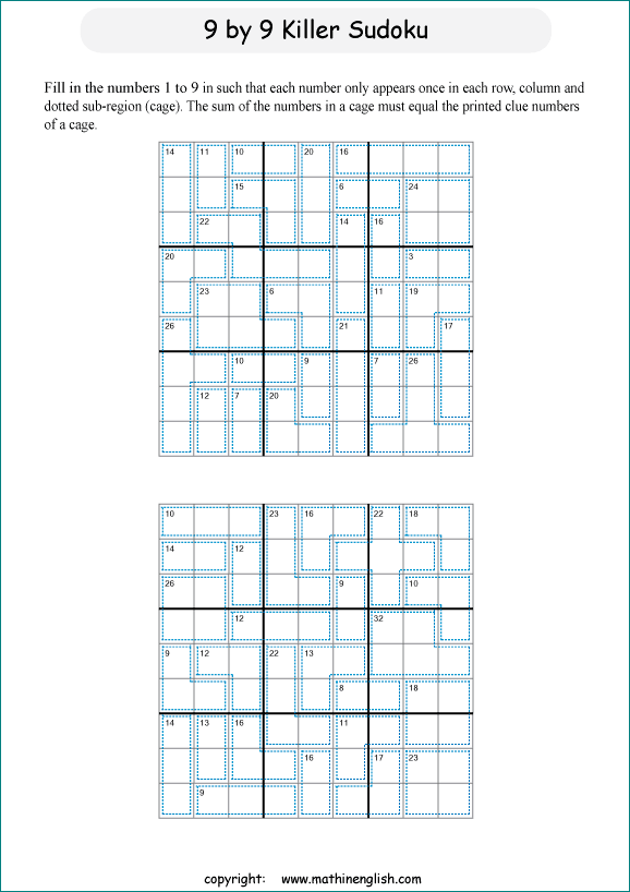 printable 9 by 9 Killer Sudoku math operations puzzle for kids and math students