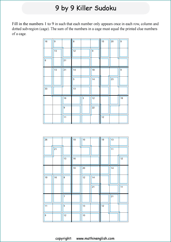 printable 9 by 9 Killer Sudoku math operations puzzle for kids and math students