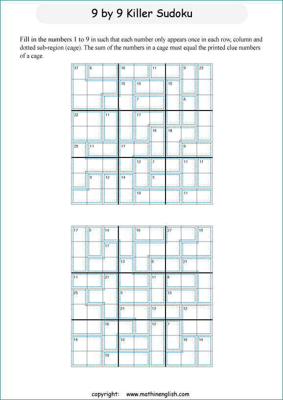 printable 9 by 9 Killer Sudoku math operations puzzle for kids and math students