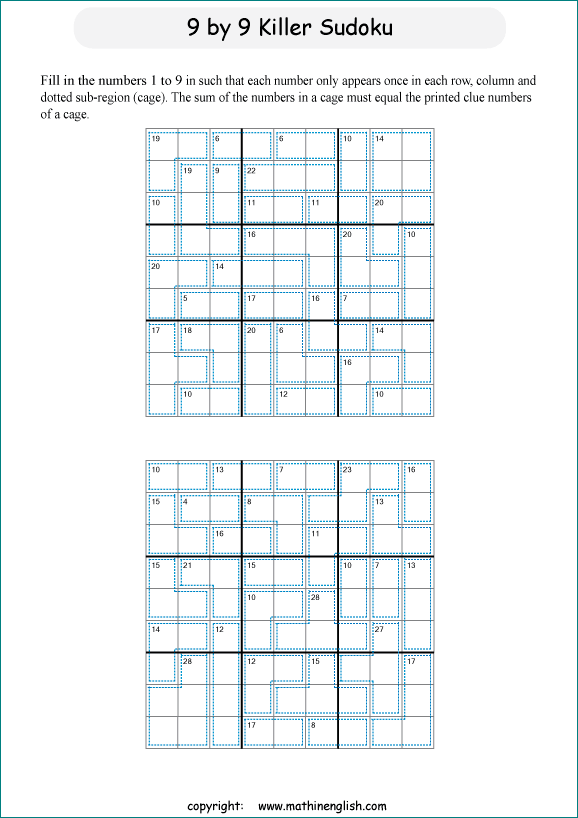 printable 9 by 9 Killer Sudoku math operations puzzle for kids and math students