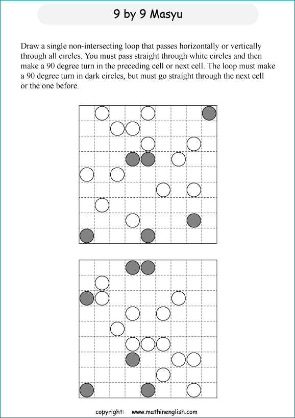 printable Japanese Masyu logic puzzle for kids and math students