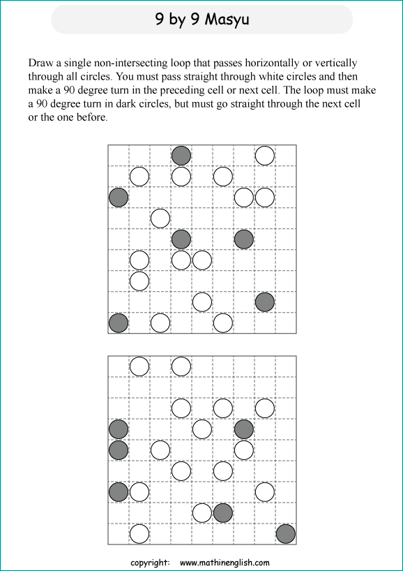 printable Japanese Masyu logic puzzle for kids and math students