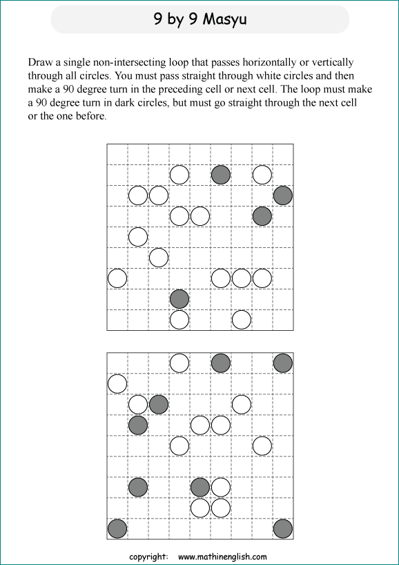 printable Japanese Masyu logic puzzle for kids and math students