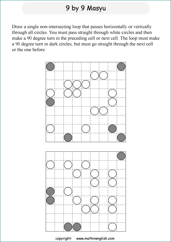 printable Japanese Masyu logic puzzle for kids and math students