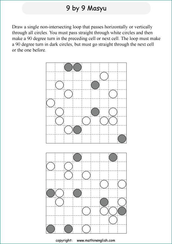 printable Japanese Masyu logic puzzle for kids and math students