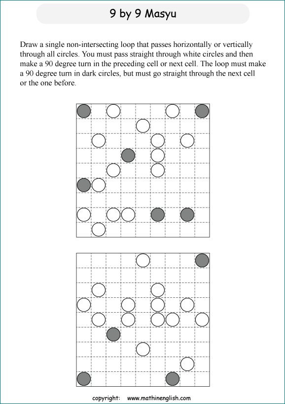 printable Japanese Masyu logic puzzle for kids and math students