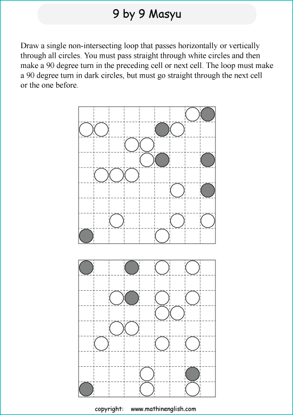 printable Japanese Masyu logic puzzle for kids and math students