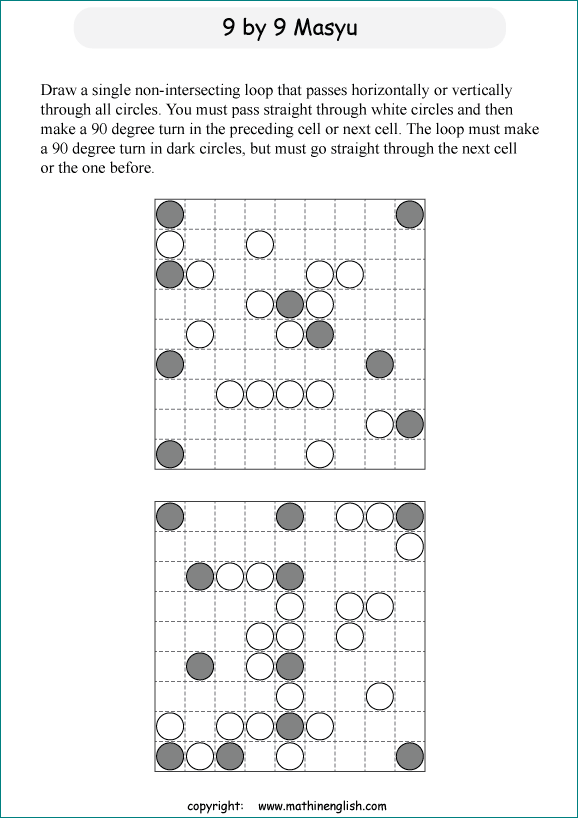 printable Japanese Masyu logic puzzle for kids and math students