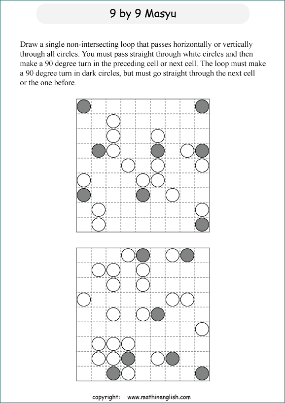 printable Japanese Masyu logic puzzle for kids and math students