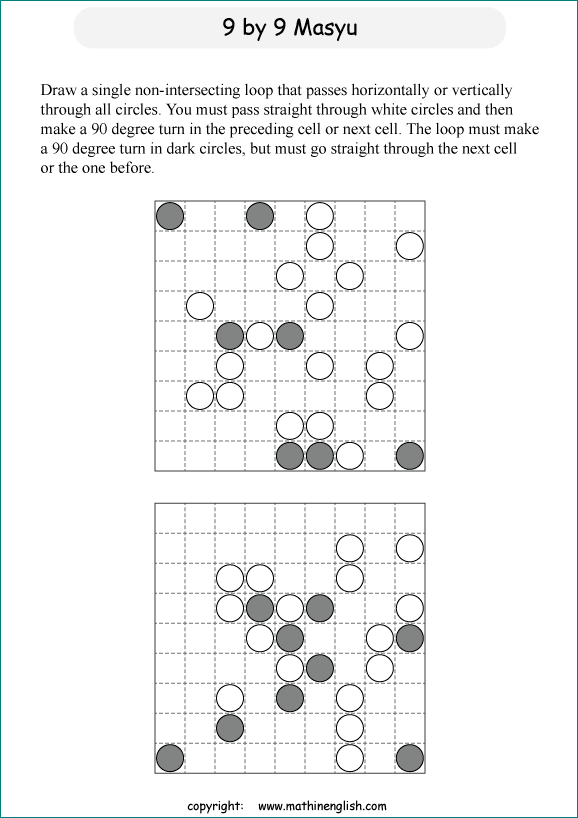 printable Japanese Masyu logic puzzle for kids and math students