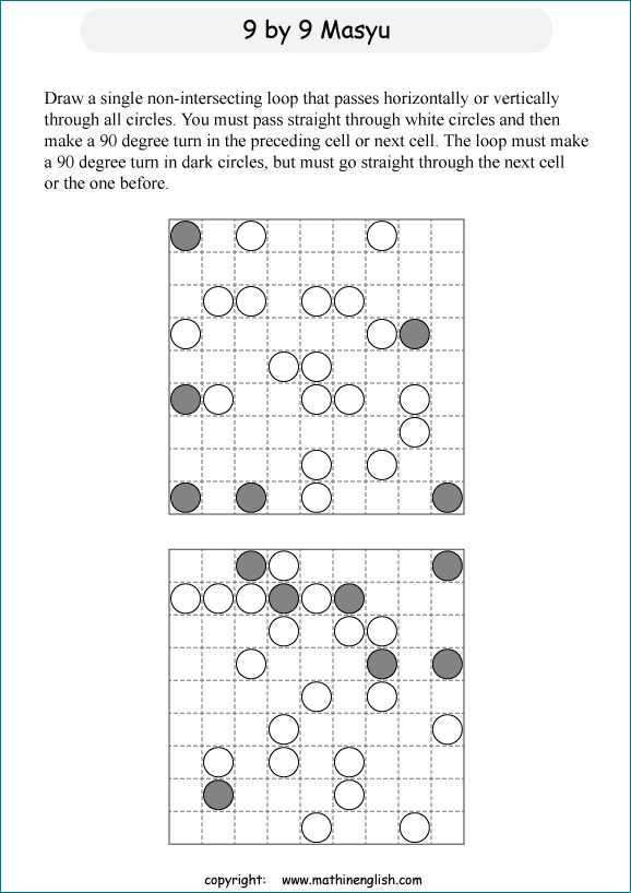 printable Japanese Masyu logic puzzle for kids and math students