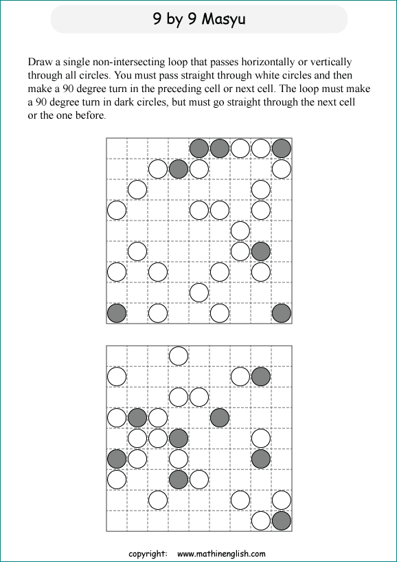 printable Japanese Masyu logic puzzle for kids and math students