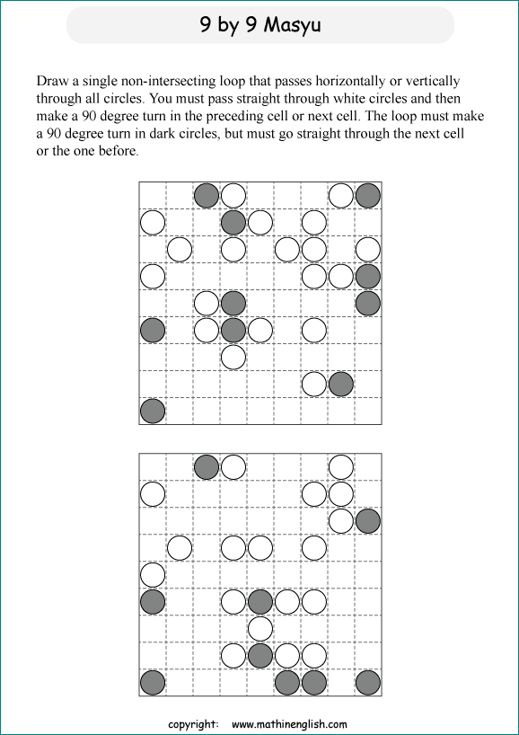 printable Japanese Masyu logic puzzle for kids and math students