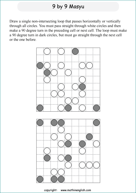 printable Japanese Masyu logic puzzle for kids and math students