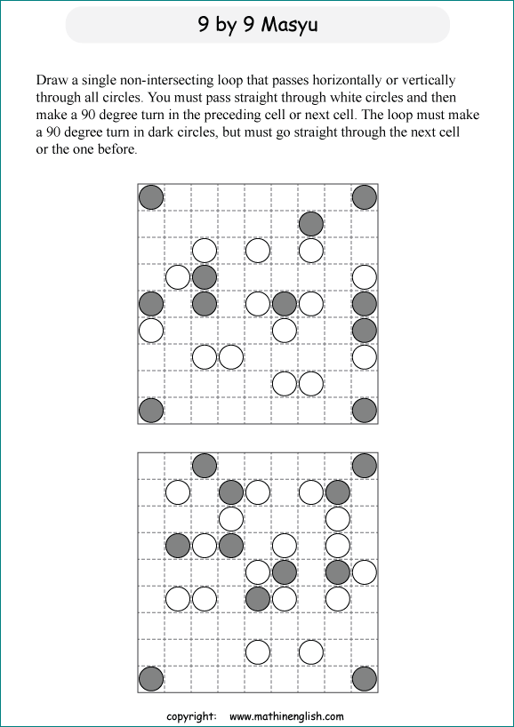 printable Japanese Masyu logic puzzle for kids and math students