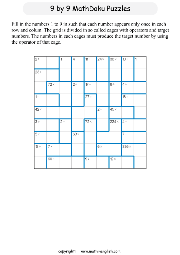 printable 9 by 9 mathdoku math operations puzzle for kids and math students