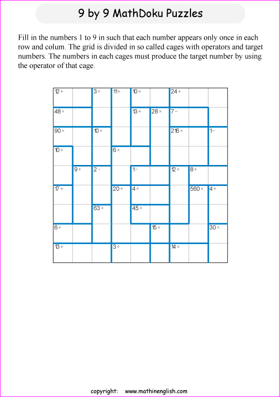 printable 9 by 9 mathdoku math operations puzzle for kids and math students