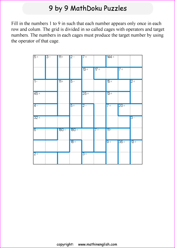 printable 9 by 9 mathdoku math operations puzzle for kids and math students