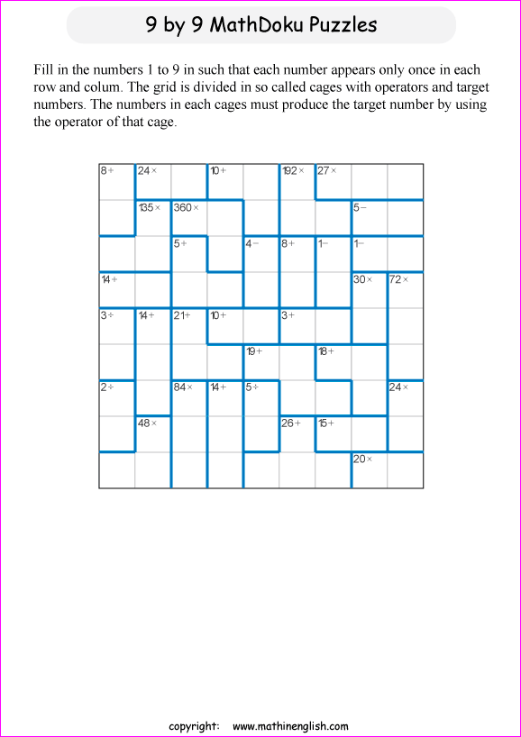 printable 9 by 9 mathdoku math operations puzzle for kids and math students