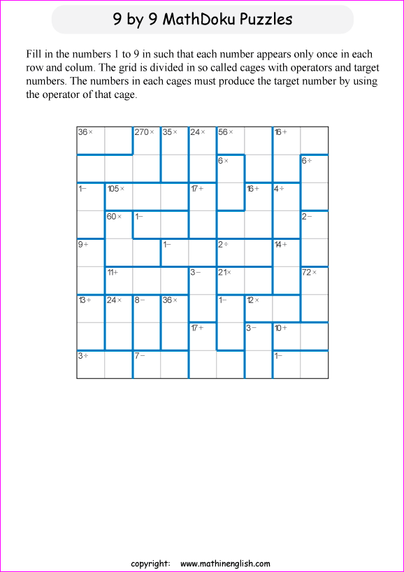 printable 9 by 9 mathdoku math operations puzzle for kids and math students