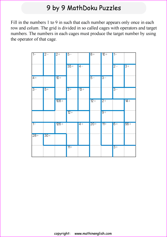 printable 9 by 9 mathdoku math operations puzzle for kids and math students