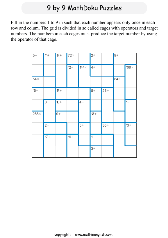 printable 9 by 9 mathdoku math operations puzzle for kids and math students