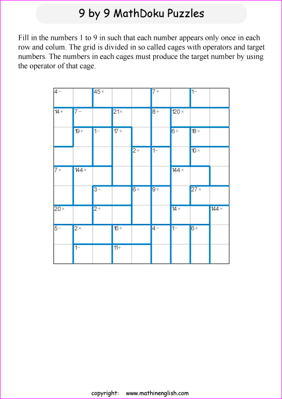 printable 9 by 9 mathdoku math operations puzzle for kids and math students