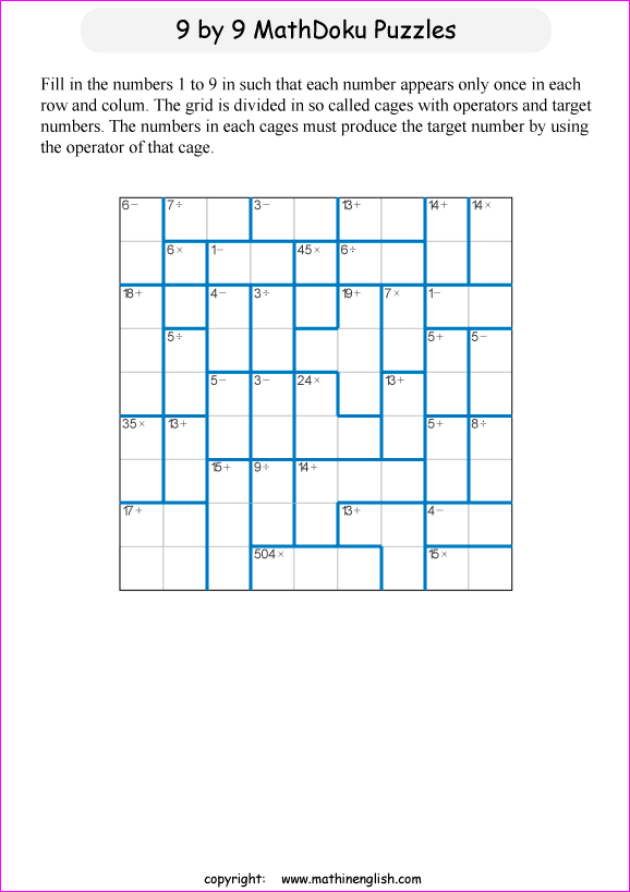 printable 9 by 9 mathdoku math operations puzzle for kids and math students