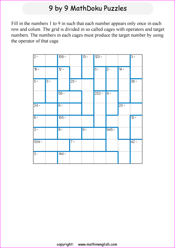 printable 9 by 9 mathdoku math operations puzzle for kids and math students