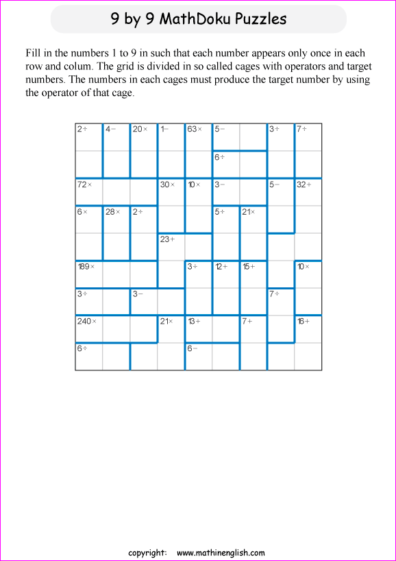 printable 9 by 9 mathdoku math operations puzzle for kids and math students