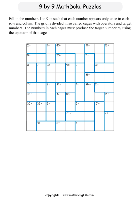 printable 9 by 9 mathdoku math operations puzzle for kids and math students