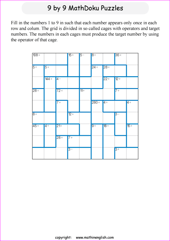 printable 9 by 9 mathdoku math operations puzzle for kids and math students