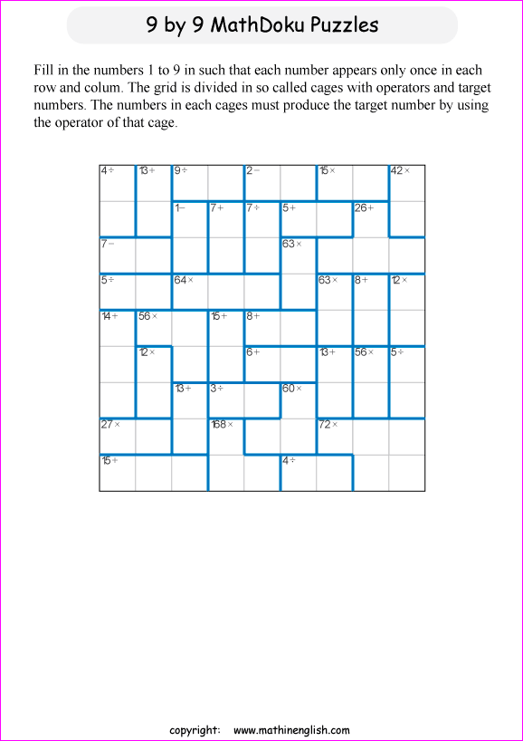 printable 9 by 9 mathdoku math operations puzzle for kids and math students