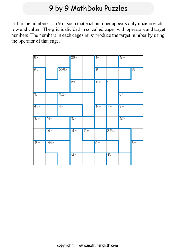 printable 9 by 9 mathdoku math operations puzzle for kids and math students