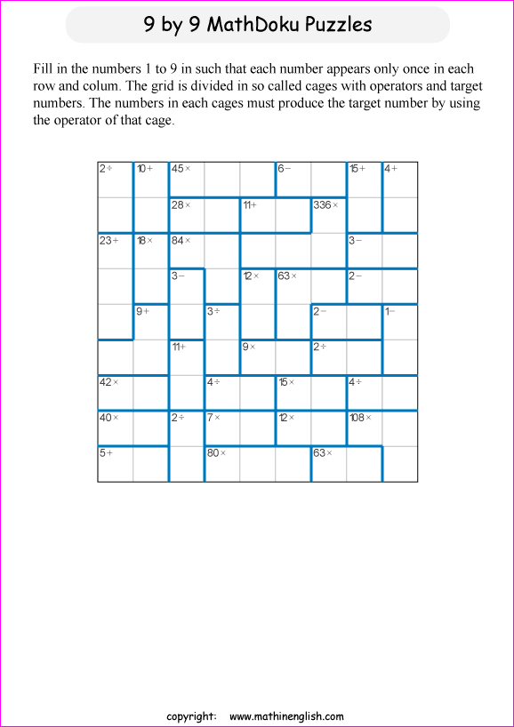 printable 9 by 9 mathdoku math operations puzzle for kids and math students