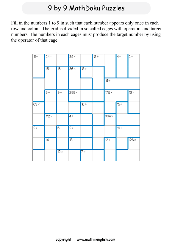 printable 9 by 9 mathdoku math operations puzzle for kids and math students